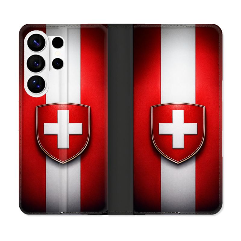 Housse cuir portefeuille Pour Samsung Galaxy S26 Ultra Voyage Drapeau Suisse