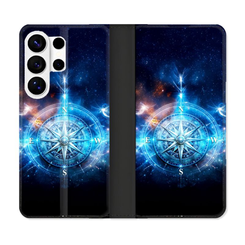 Housse cuir portefeuille Pour Samsung Galaxy S26 Ultra Voyage Rose des Vents Stellaire