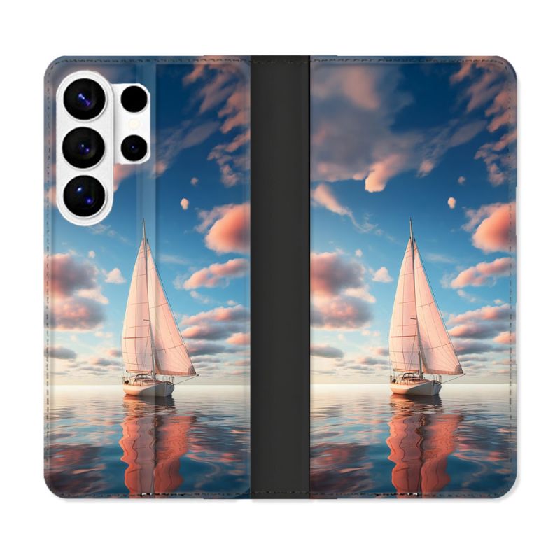 Housse cuir portefeuille Pour Samsung Galaxy S26 Ultra Voyage Voilier Reflet