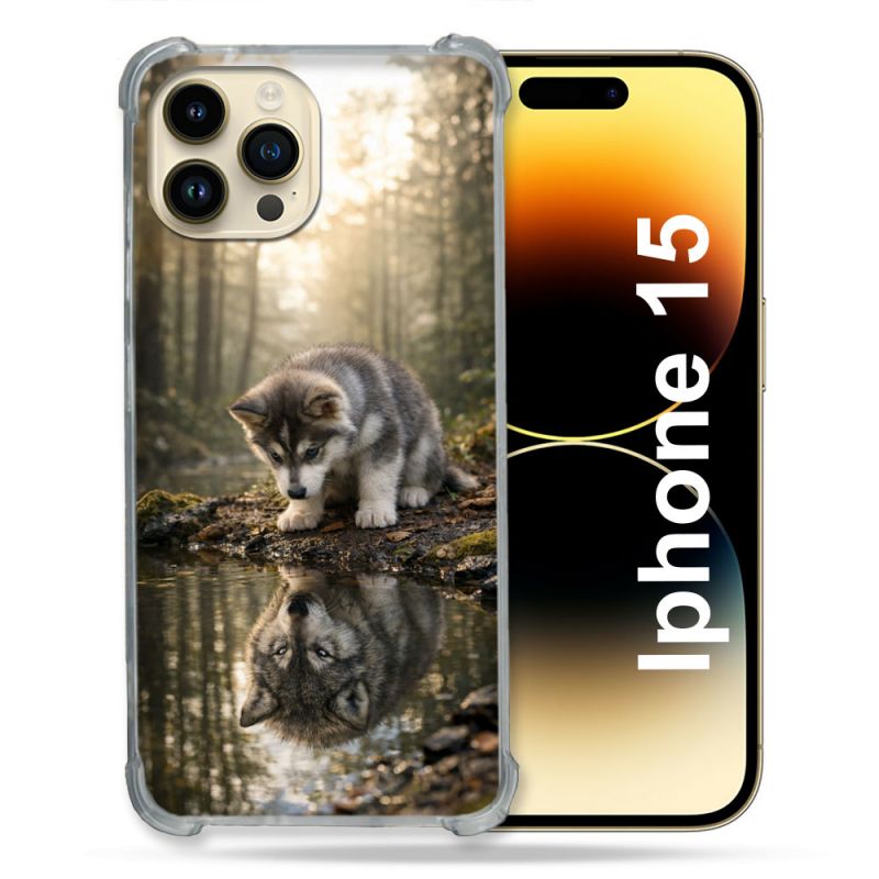 Coque Renforcée Pour Iphone 15 Animal Loup Reflet