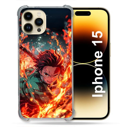 Coque Renforcée Pour Iphone 15 Manga Demon Slayer Tanjiro Feu