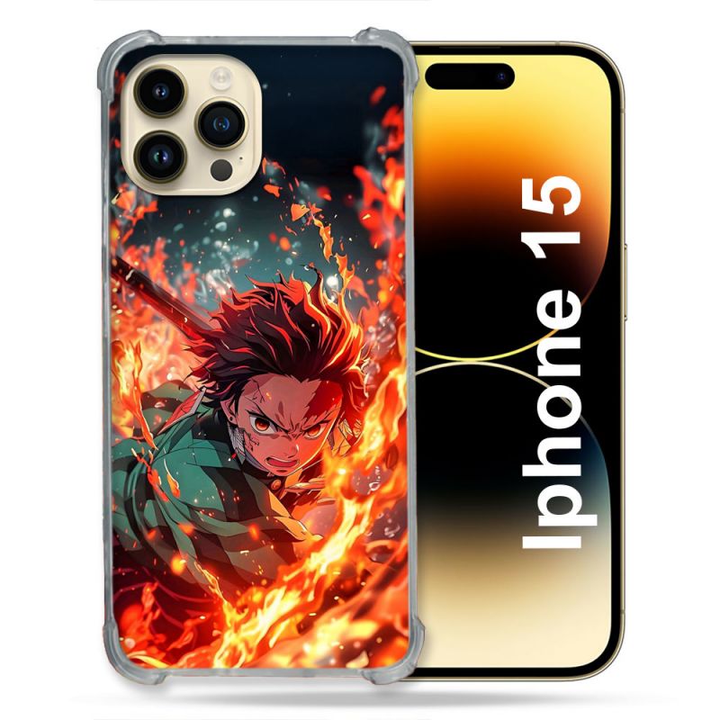 Coque Renforcée Pour Iphone 15 Manga Demon Slayer Tanjiro Feu