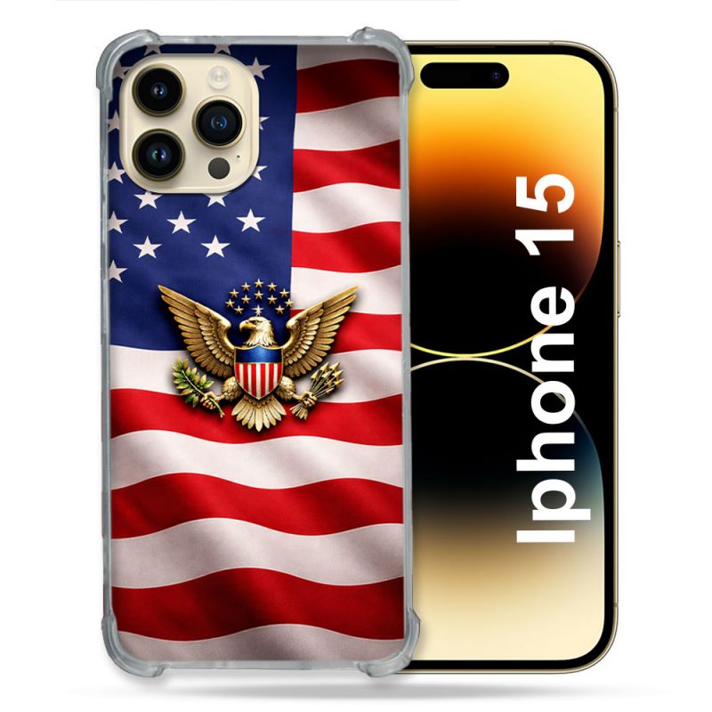 Coque Renforcée Pour Iphone 15 Voyage Drapeau USA Etats Unis