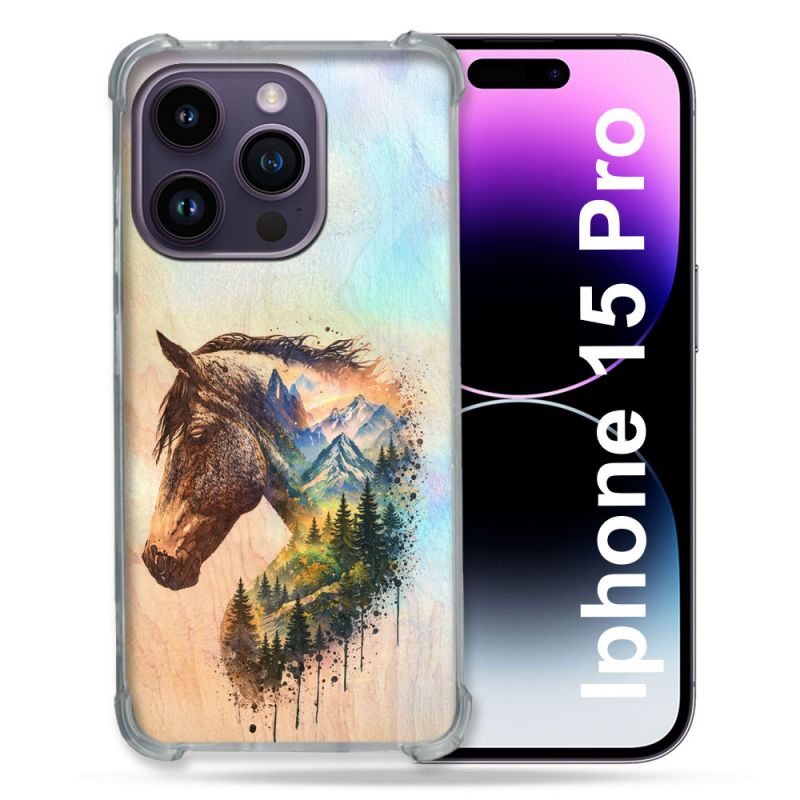 Coque Renforcée Pour Iphone 15 Pro Animal Cheval Montagne