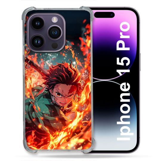 Coque Renforcée Pour Iphone 15 Pro Manga Demon Slayer Tanjiro Feu