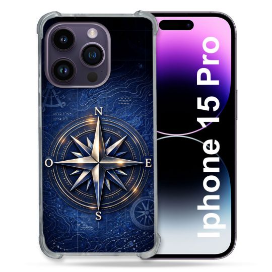 Coque Renforcée Pour Iphone 15 Pro Voyage Rose des Vents Marine