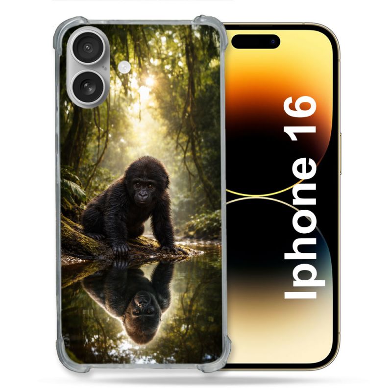 Coque Renforcée Pour Iphone 16 Animal Gorille Reflet