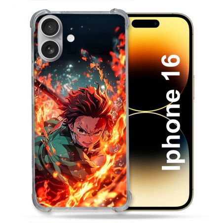 Coque Renforcée Pour Iphone 16 Manga Demon Slayer Tanjiro Feu