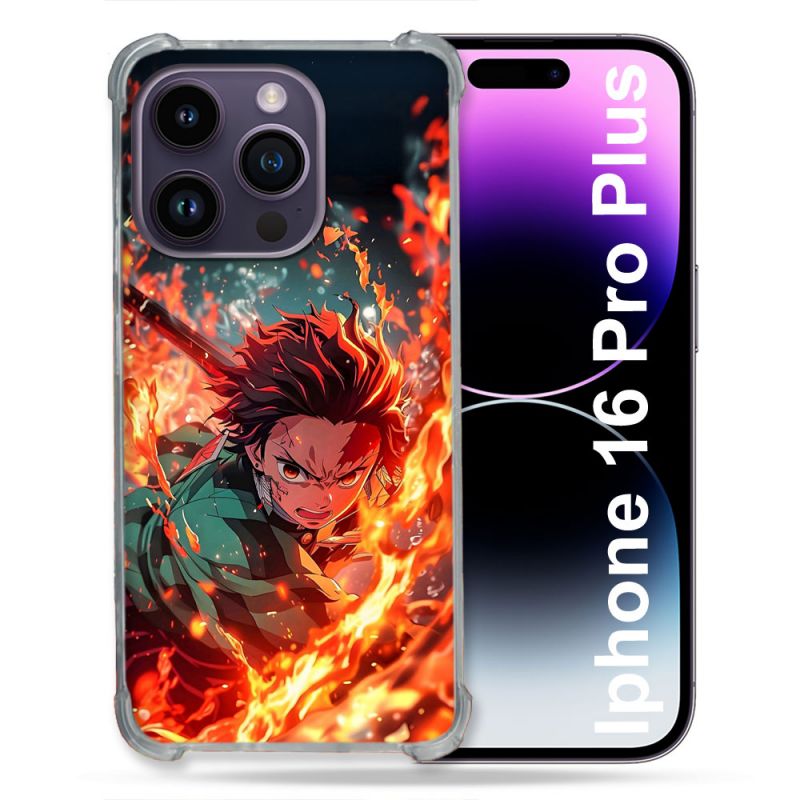 Coque Renforcée Pour Iphone 16 Pro Plus Manga Demon Slayer Tanjiro Feu