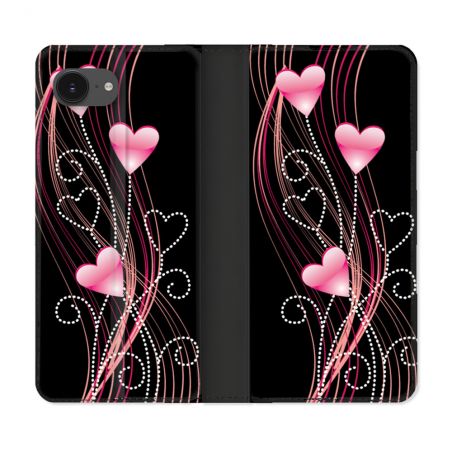 Housse Cuir Portefeuille Pour Iphone 17e Amour Coeur Rose Montant sur Noir