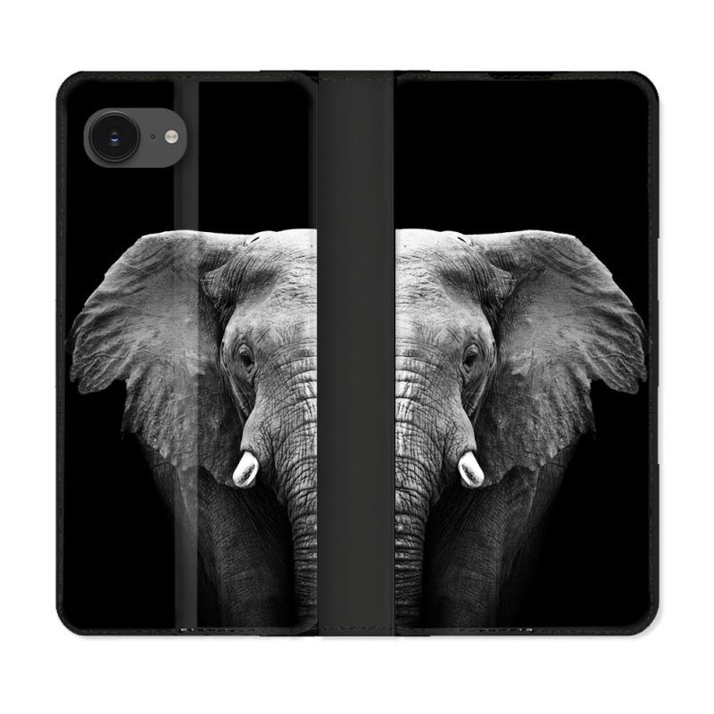 Housse Cuir Portefeuille Pour Iphone 17e Animal Elephant Noir