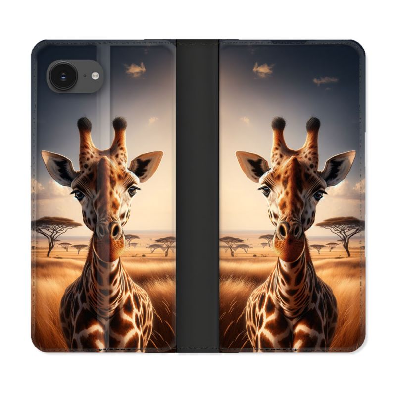 Housse Cuir Portefeuille Pour Iphone 17e Animal Girafe Savane