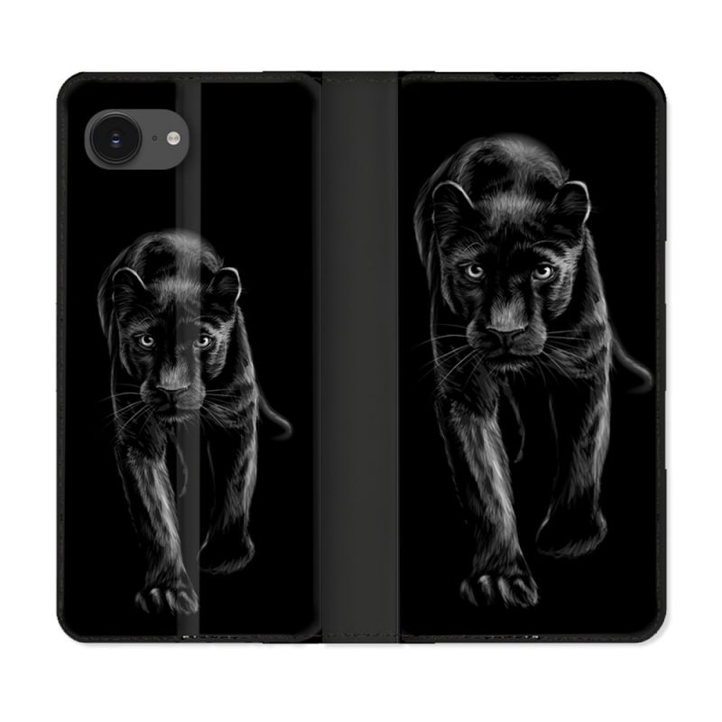 Housse Cuir Portefeuille Pour Iphone 17e Animal Panthère Noire