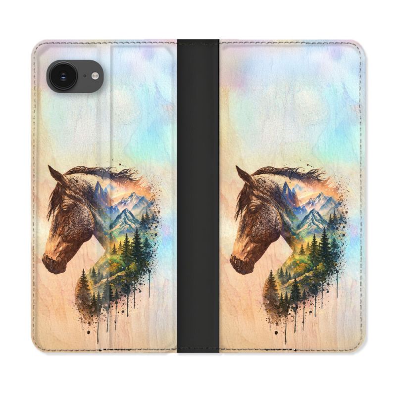 Housse Cuir Portefeuille Pour Iphone 17e Animal Cheval Montagne