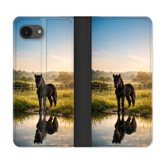 Housse Cuir Portefeuille Pour Iphone 17e Animal Cheval Reflet