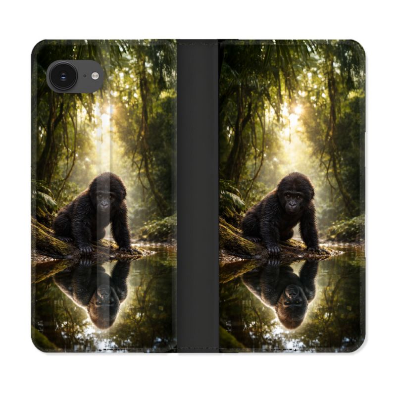 Housse Cuir Portefeuille Pour Iphone 17e Animal Gorille Reflet