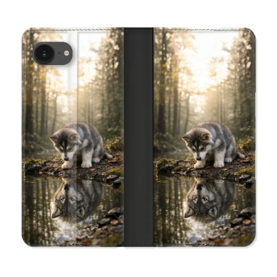 Housse Cuir Portefeuille Pour Iphone 17e Animal Loup Reflet