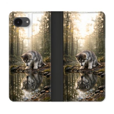 Housse Cuir Portefeuille Pour Iphone 17e Animal Loup Reflet