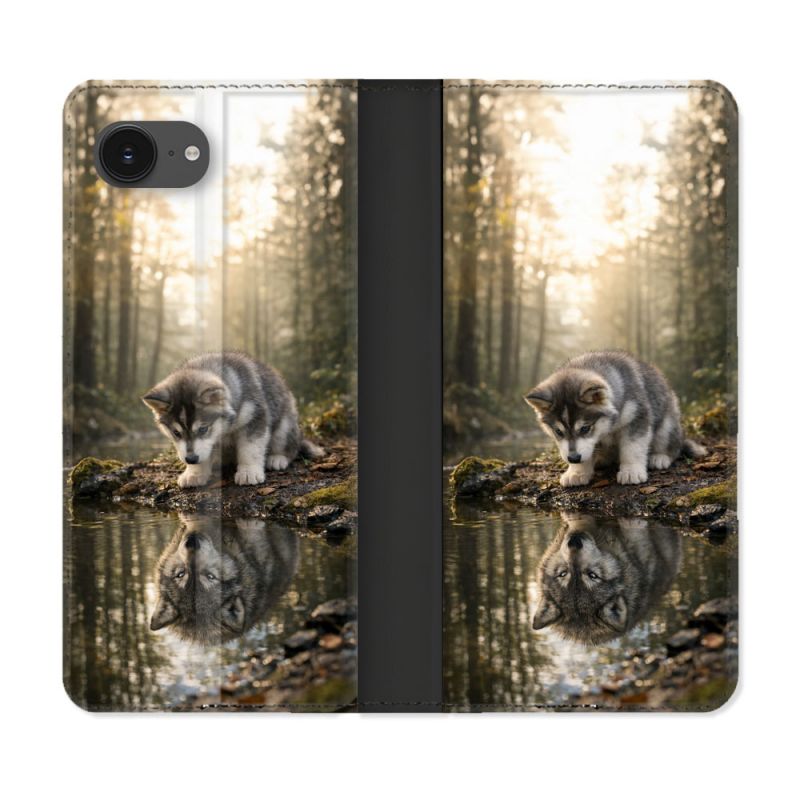 Housse Cuir Portefeuille Pour Iphone 17e Animal Loup Reflet