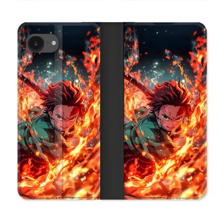 Housse Cuir Portefeuille Pour Iphone 17e Manga Demon Slayer Tanjiro Feu