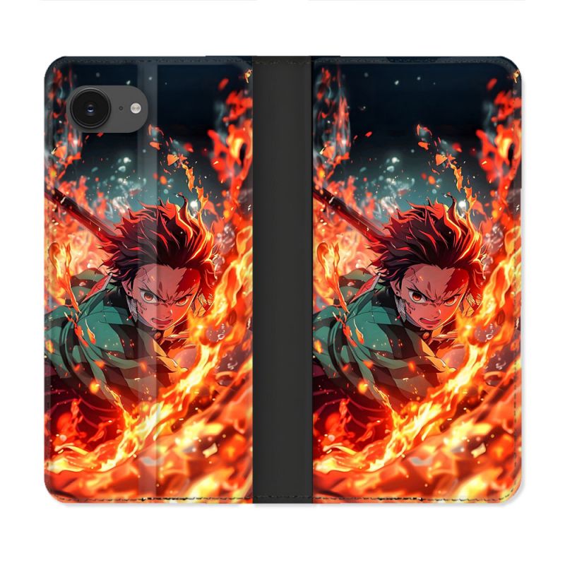 Housse Cuir Portefeuille Pour Iphone 17e Manga Demon Slayer Tanjiro Feu