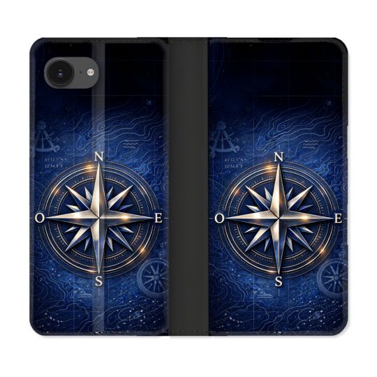 Housse Cuir Portefeuille Pour Iphone 17e Voyage Rose des Vents Marine