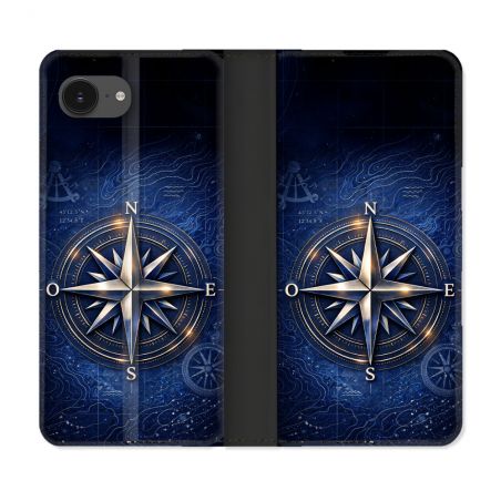 Housse Cuir Portefeuille Pour Iphone 17e Voyage Rose des Vents Marine