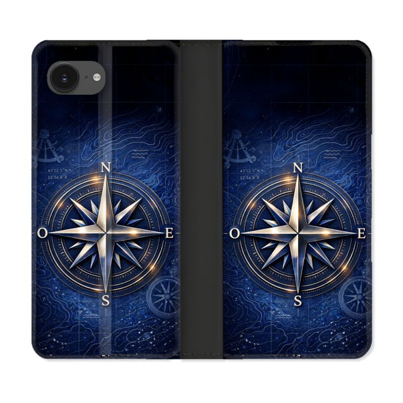 Housse Cuir Portefeuille Pour Iphone 17e Voyage Rose des Vents Marine