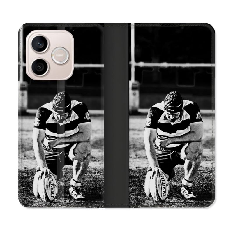 Housse Cuir Portefeuille Pour Honor 600 Lite 5G Sport Rugby Noir Blanc