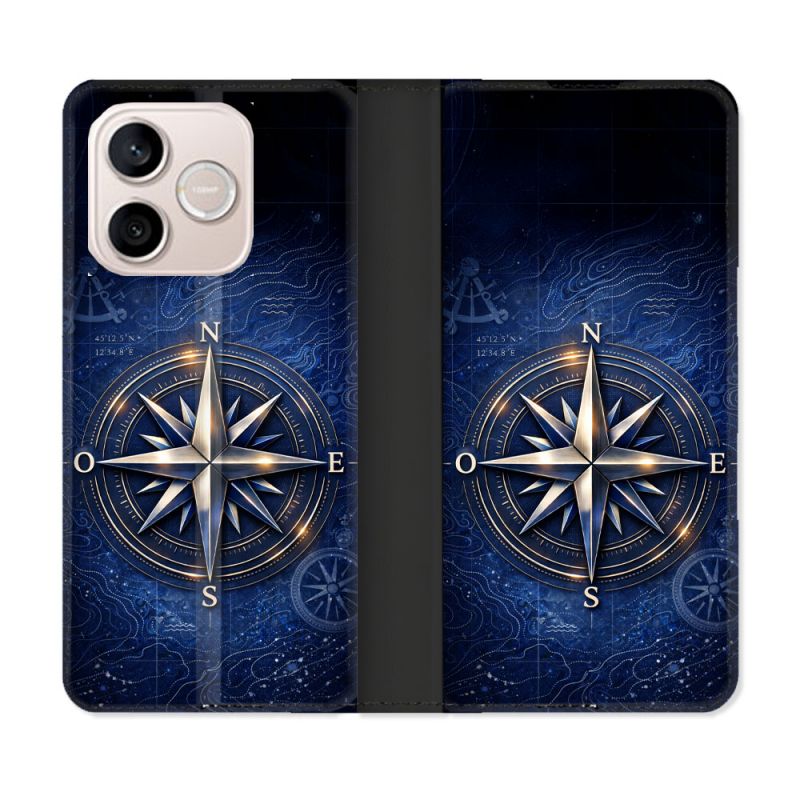 Housse Cuir Portefeuille Pour Honor 600 Lite 5G Voyage Rose des Vents Marine