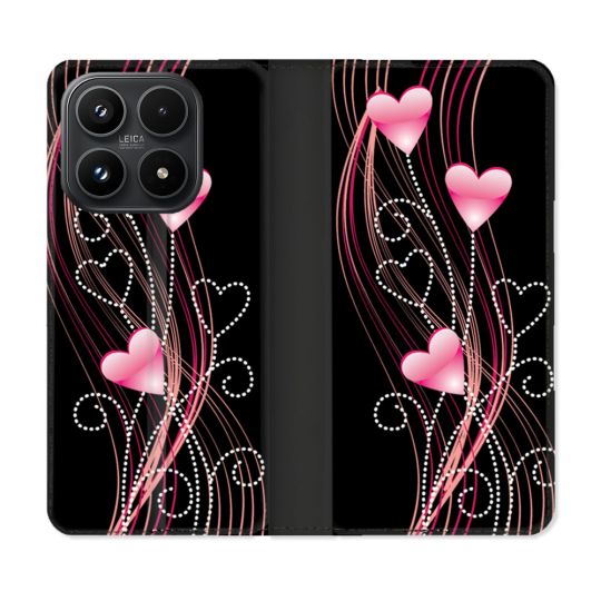 Housse Cuir Portefeuille Pour Xiaomi 17 Amour Coeur Rose Montant sur Noir