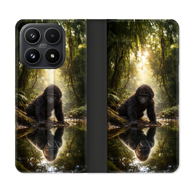 Housse Cuir Portefeuille Pour Xiaomi 17 Animal Gorille Reflet
