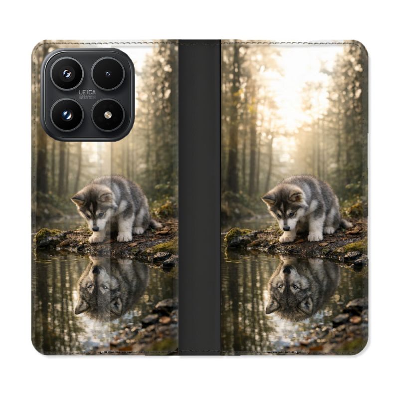 Housse Cuir Portefeuille Pour Xiaomi 17 Animal Loup Reflet