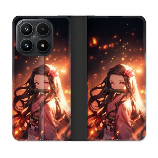 Housse Cuir Portefeuille Pour Xiaomi 17 Manga Demon Slayer Nezuko Rose