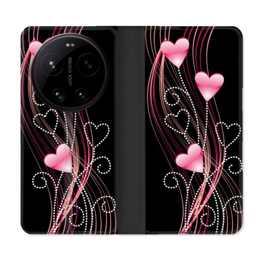 Housse Cuir Portefeuille Pour Xiaomi 17 Ultra Amour Coeur Rose Montant sur Noir