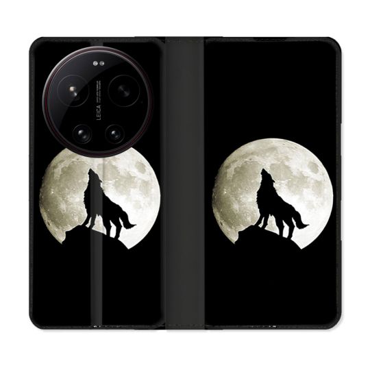 Housse Cuir Portefeuille Pour Xiaomi 17 Ultra Animal Loup Noir