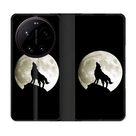 Housse Cuir Portefeuille Pour Xiaomi 17 Ultra Animal Loup Noir