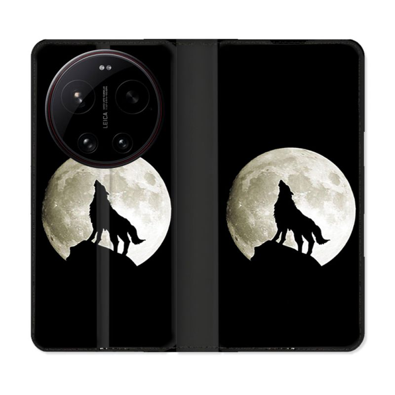 Housse Cuir Portefeuille Pour Xiaomi 17 Ultra Animal Loup Noir