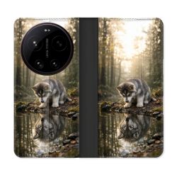 Housse Cuir Portefeuille Pour Xiaomi 17 Ultra Animal Loup Reflet