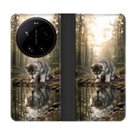 Housse Cuir Portefeuille Pour Xiaomi 17 Ultra Animal Loup Reflet