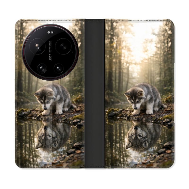 Housse Cuir Portefeuille Pour Xiaomi 17 Ultra Animal Loup Reflet