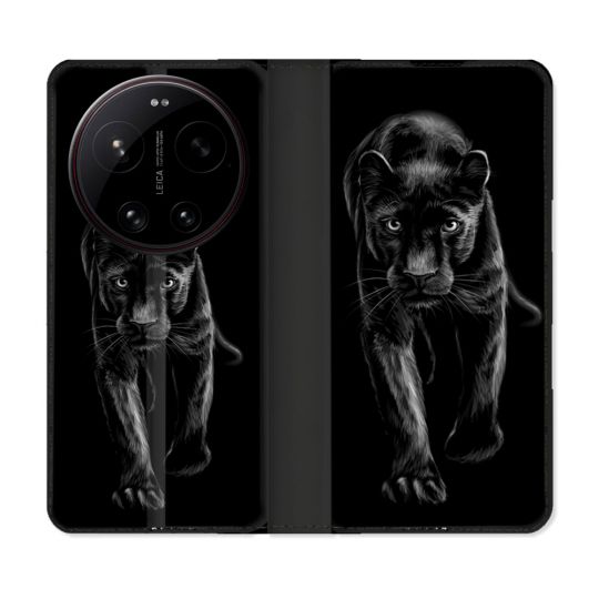 Housse Cuir Portefeuille Pour Xiaomi 17 Ultra Animal Panthère Noire