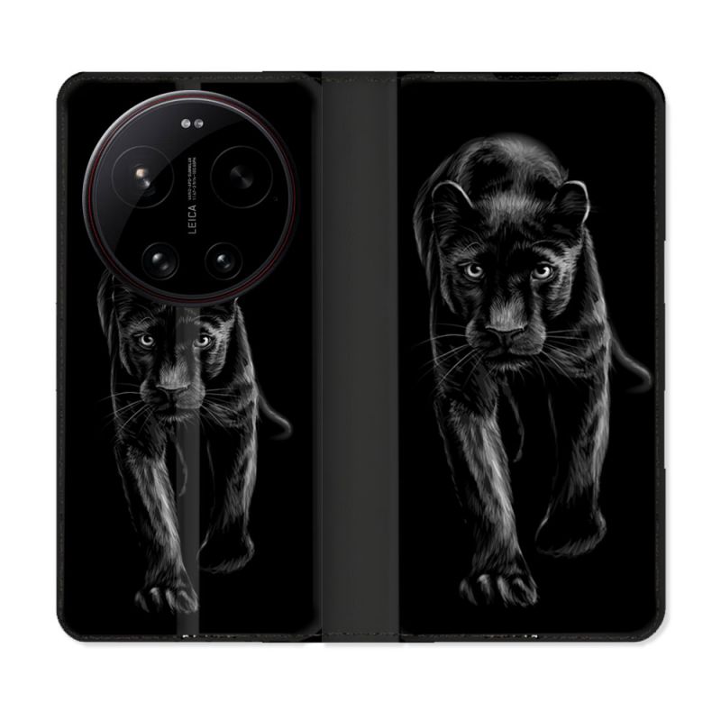 Housse Cuir Portefeuille Pour Xiaomi 17 Ultra Animal Panthère Noire