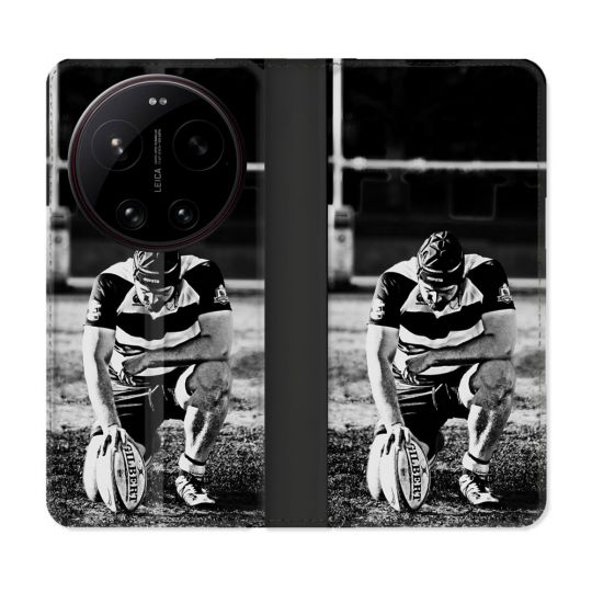 Housse Cuir Portefeuille Pour Xiaomi 17 Ultra Sport Rugby Noir Blanc