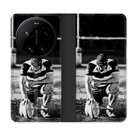 Housse Cuir Portefeuille Pour Xiaomi 17 Ultra Sport Rugby Noir Blanc