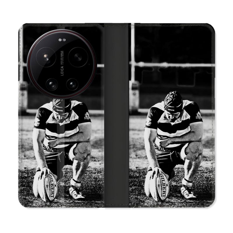 Housse Cuir Portefeuille Pour Xiaomi 17 Ultra Sport Rugby Noir Blanc