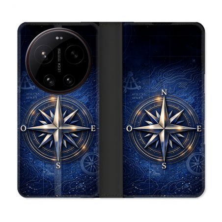 Housse Cuir Portefeuille Pour Xiaomi 17 Ultra Voyage Rose des Vents Marine