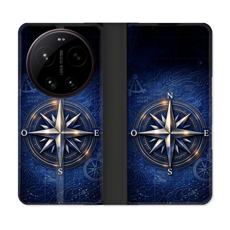 Housse Cuir Portefeuille Pour Xiaomi 17 Ultra Voyage Rose des Vents Marine