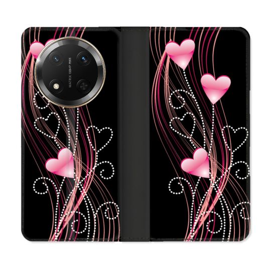 Housse cuir portefeuille Pour Honor Magic 7 Lite 5G Amour Coeur Rose Montant sur Noir