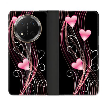 Housse cuir portefeuille Pour Honor Magic 7 Lite 5G Amour Coeur Rose Montant sur Noir